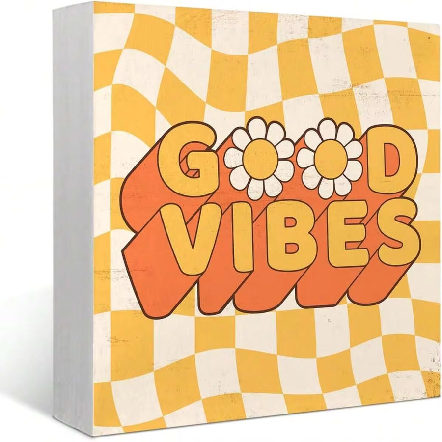 1pc 5*5inch(12.4*12.4cm) Groovy Good Vibes Wood Box Sign Desk Decor Retro 70s Daisy Flower Checkered Wooden Box Block Sign Decorations For Home Bedroom Living Room Office Wall Tabletop Desk Decor