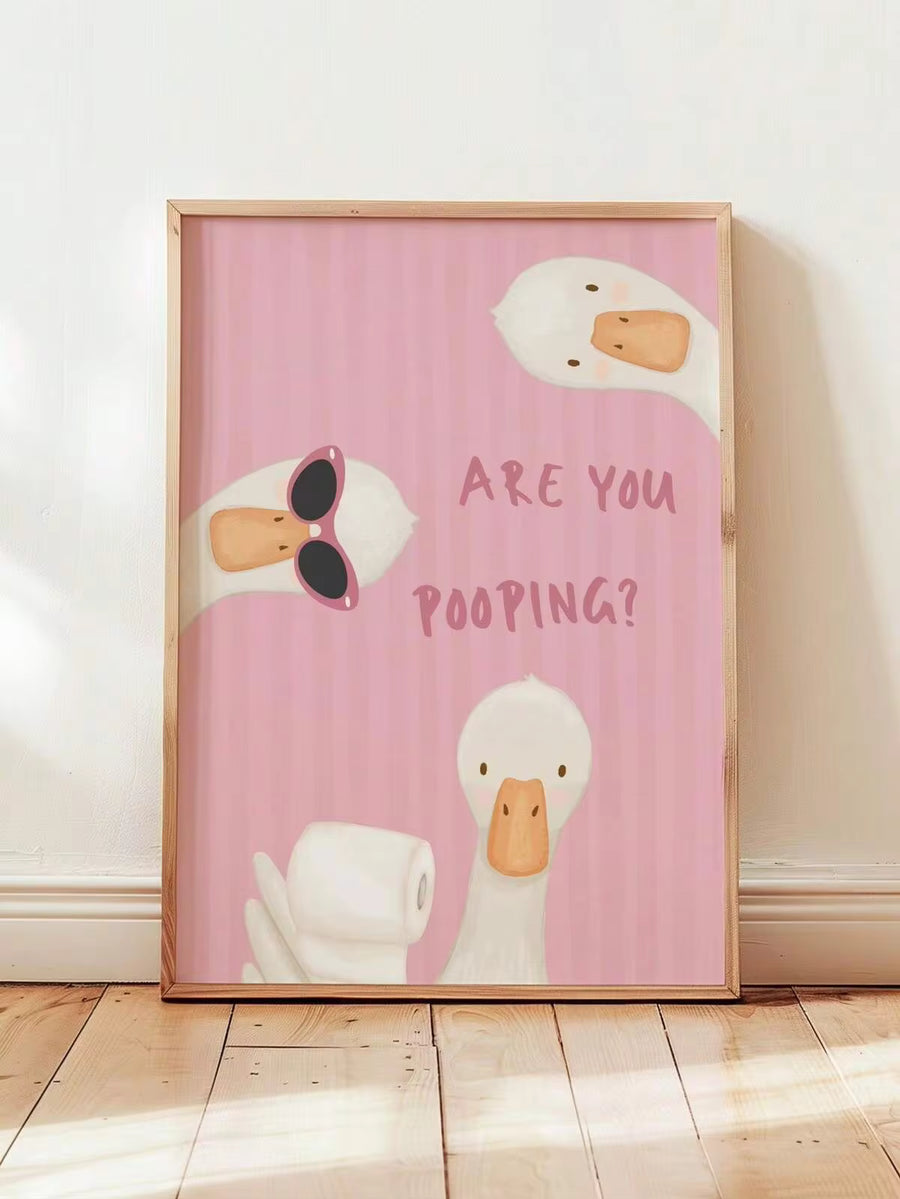 1pc Canvas Wall Art, Framed Wall Decor, Cute Funny Goose "Are You Pooping?" Bathroom Wall Poster, Pink Striped Background, Minimalist Toilet Paper Design, Kids Bathroom And Guest Bathroom, Unique Housewarming Gift, Bathroom Decor, Aesthetic Home